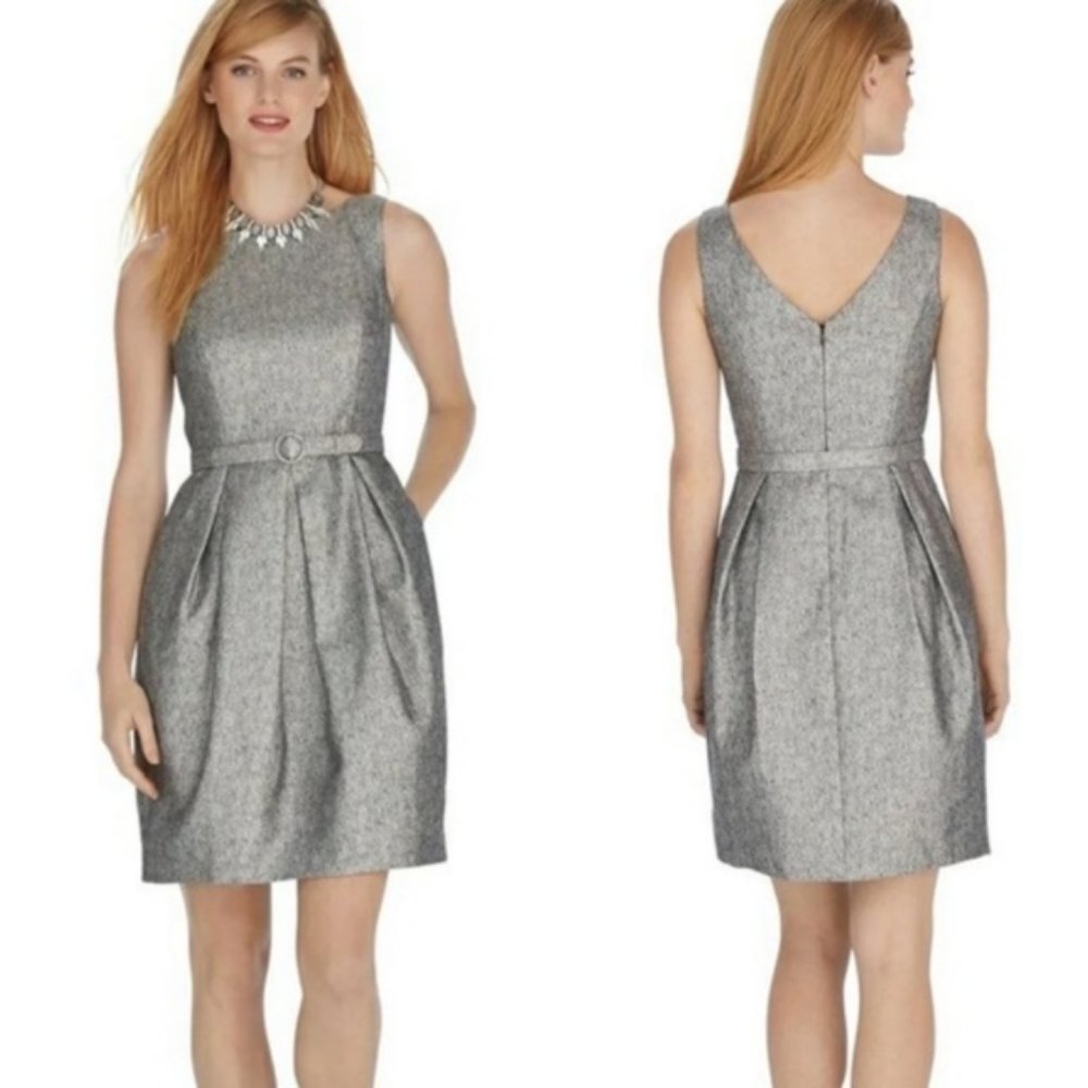 White House Black Market Silver Metallic Tulip Mini Dress W Pockets Size 4